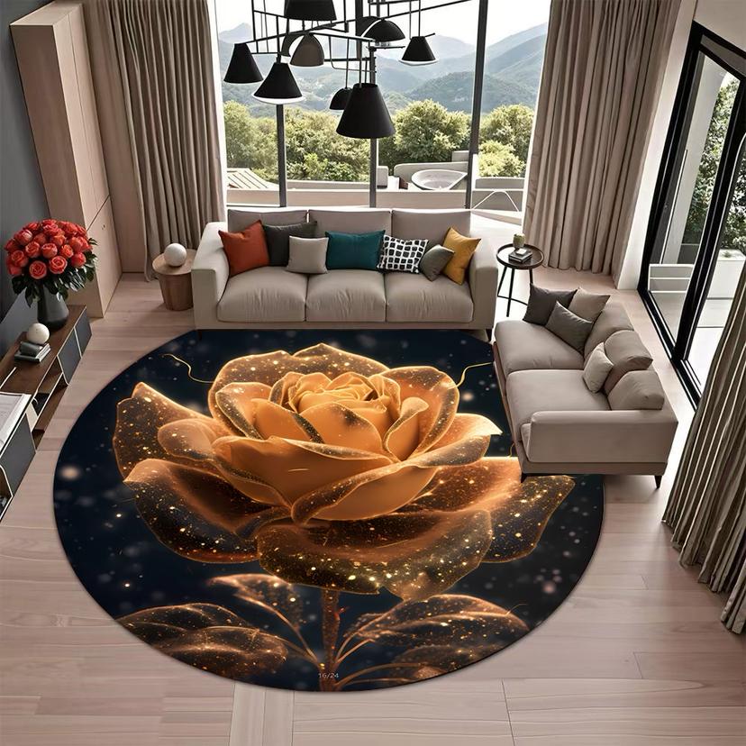 Luxuriöse Fußmatten mit goldenem Rand und Rosenmuster in runder Form, Läuferteppich für Küche und Flur, Schlafzimmer, Wohnzimmer, weicher Teppich, rutschfester Flächenteppich 100X100cm gelb von Joom DACH