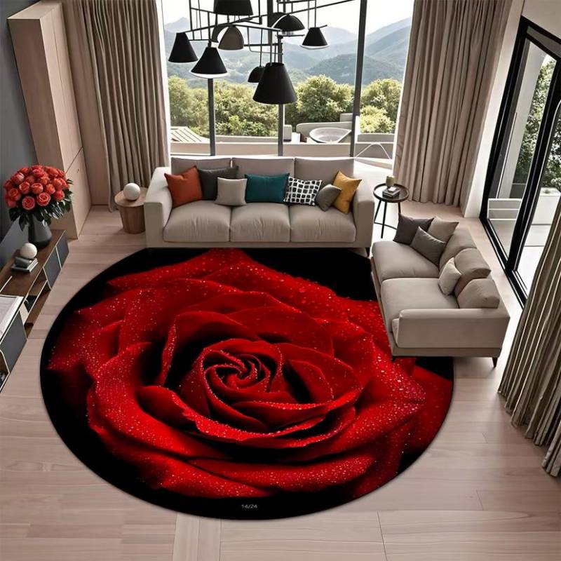 Luxuriöse Fußmatten mit goldenem Rand und Rosenmuster in runder Form, Läuferteppich für Küche und Flur, Schlafzimmer, Wohnzimmer, weicher Teppich, rutschfester Flächenteppich 120X120cm rot von Joom DACH