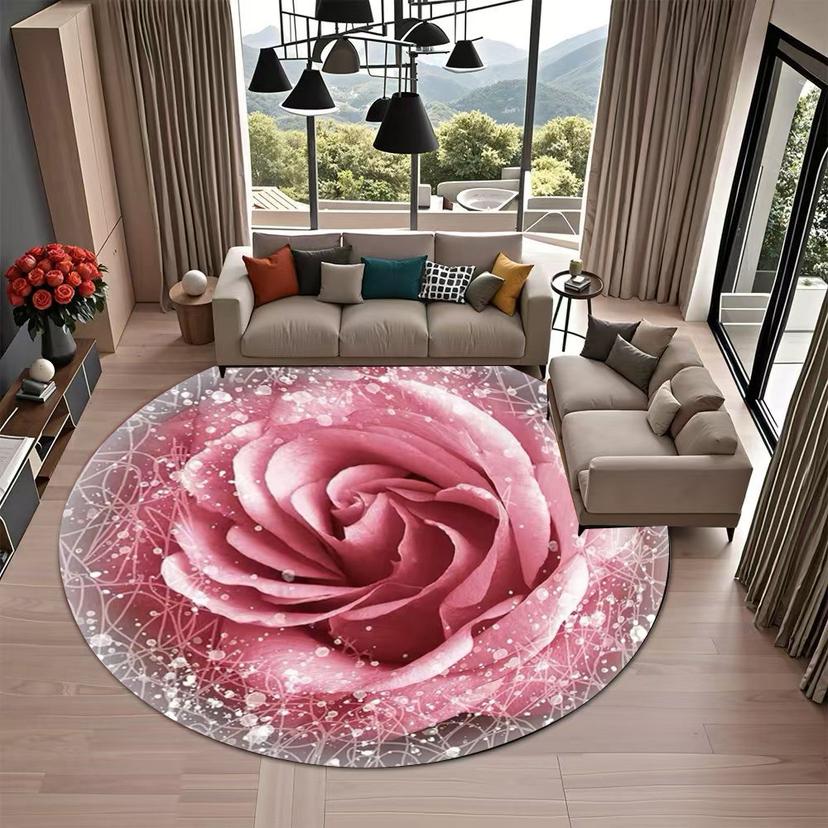 Luxuriöse Fußmatten mit goldenem Rand und Rosenmuster in runder Form, Läuferteppich für Küche und Flur, Schlafzimmer, Wohnzimmer, weicher Teppich, rutschfester Flächenteppich 120X120cm rosa von Joom DACH