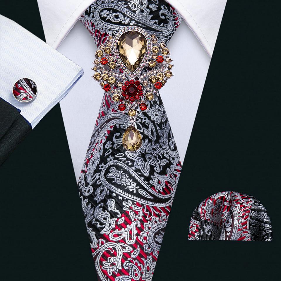 Luxuriöse Paisley-Krawatten mit Brosche, Einstecktuch, Manschettenknopf für Herren, Seidenkrawatte, gewebtes Hochzeitsset N-0359 von Joom DACH