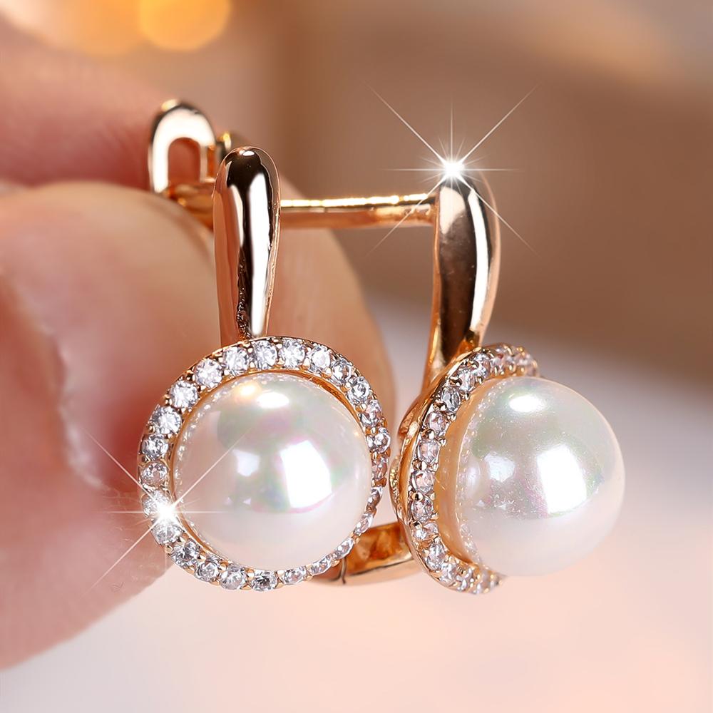 Luxuriöse goldfarbene runde Ohrhänger mit Imitationsperlen für Damen, elegante, zarte Zirkonia-Brautschmuck für Hochzeiten gold von Joom DACH