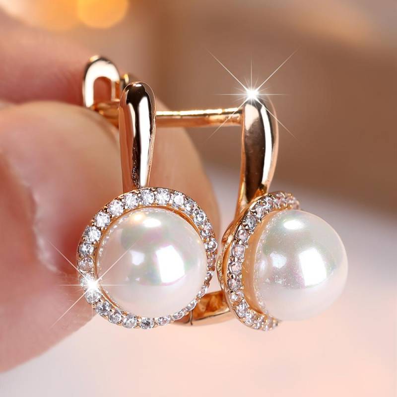 Luxuriöse goldfarbene runde Ohrhänger mit Imitationsperlen für Damen, elegante, zarte Zirkonia-Brautschmuck für Hochzeiten gold von Joom DACH