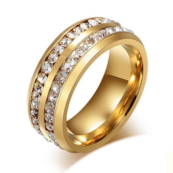 Luxuriöser Ring für Damen und Herren, modisch, zweireihig, mit Strasssteinen, Titanstahl, Hochzeitsschmuck 7 gold von Joom DACH