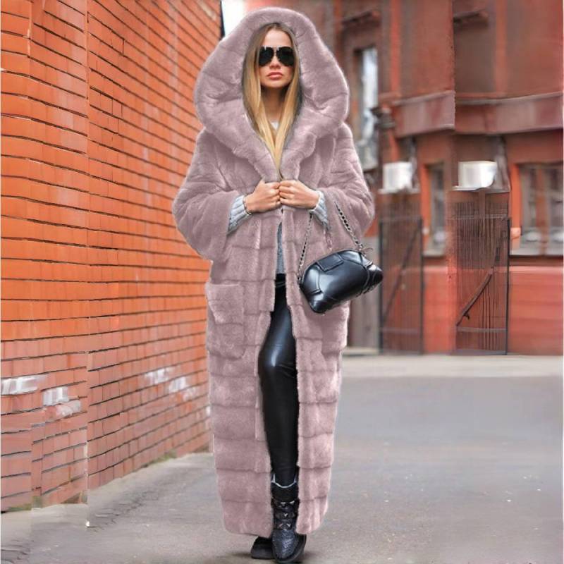 Luxuriöser langer Kunstpelzmantel mit Kapuze Winterpelzjacke Damen Pelzrobe Winddichtes Design Langärmliger Cardigan Warm Dick Große Größe 5XL von Joom DACH