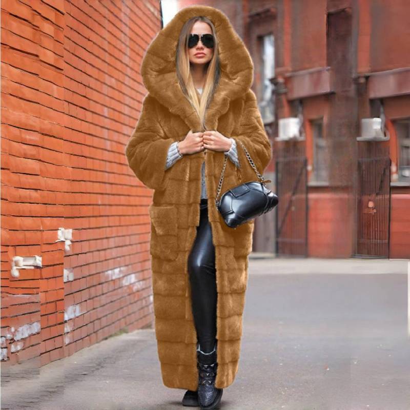Luxuriöser langer Kunstpelzmantel mit Kapuze Winterpelzjacke Damen Pelzrobe Winddichtes Design Langärmliger Cardigan Warm Dick Große Größe S braun von Joom DACH
