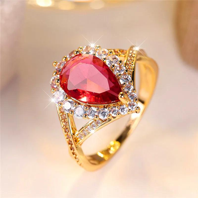 Luxuriöser weiblicher roter Wassertropfen-Zirkonstein-Verlobungsring, trendiger Goldton, Braut, Hochzeit, Schmuck, Geschenk für Frauen 8 gold/rot von Joom DACH