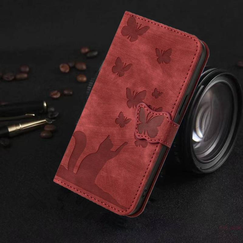 Luxuriöses Leder mit 3D-Prägung, einfarbig, für iPhone, Samsung, Xiaomi, Oppo, Magnetkartenhalter, Mädchen, niedliche Flip-Cover-Tasche Samsung Galaxy A12 rot von Joom DACH
