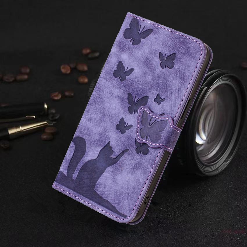 Luxuriöses Leder mit 3D-Prägung, einfarbig, für iPhone, Samsung, Xiaomi, Oppo, Magnetkartenhalter, Mädchen, niedliche Flip-Cover-Tasche iPhone 11 Pro violett von Joom DACH