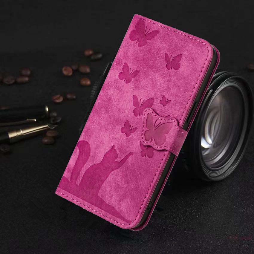 Luxuriöses Leder mit 3D-Prägung, einfarbig, für iPhone, Samsung, Xiaomi, Oppo, Magnetkartenhalter, Mädchen, niedliche Flip-Cover-Tasche iPhone 13 mini rosa von Joom DACH