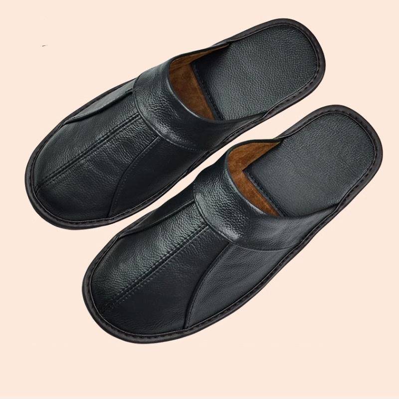 Luxuriöses Rindspaltleder, handgefertigt, Herren-Hausschuhe, Frühlings-Slipper, weich, bequem, schwarz, braun, Schlafzimmer, flache Herrenschuhe 44 schwarz von Joom DACH