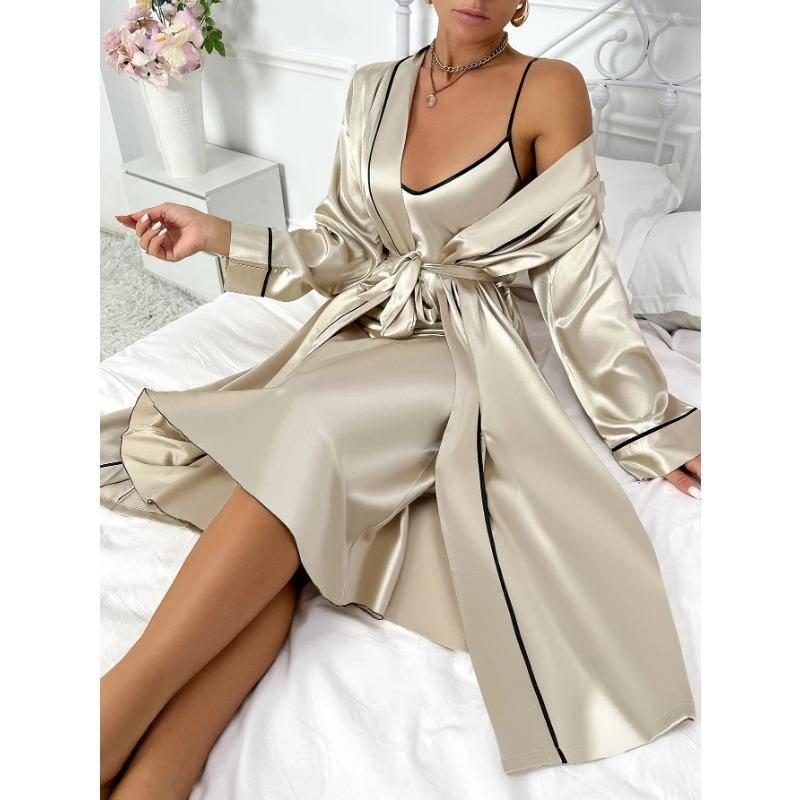 Luxuriöses Seidenpyjama-Set für Damen, langärmeliger Bademantel, bequemer, lockerer Unterrock, zweiteiliges Pyjama-Set für Damen XL von Joom DACH