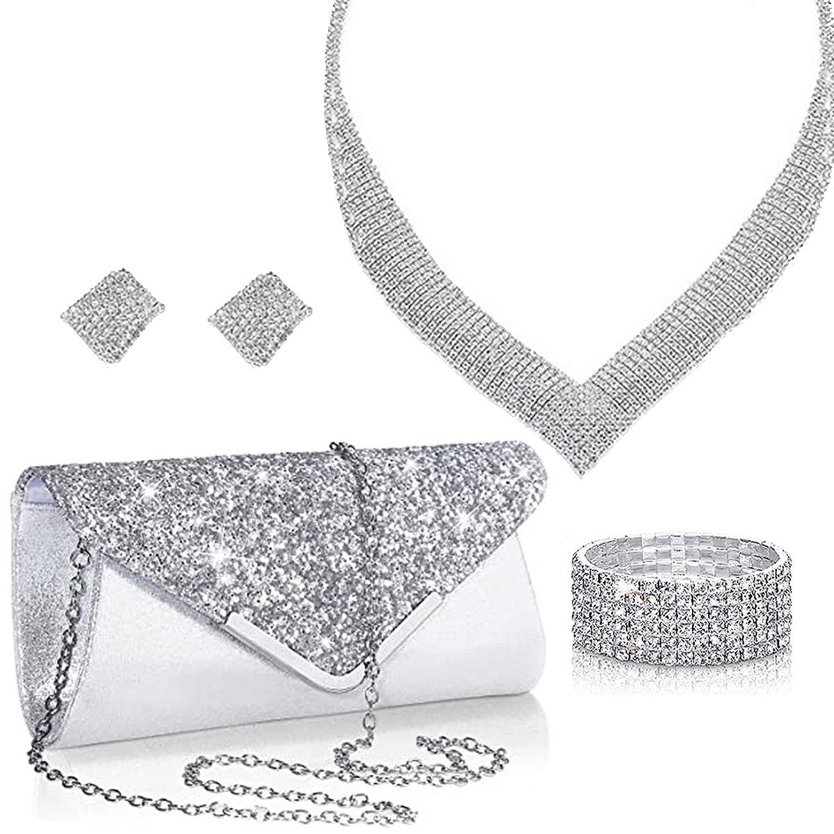 Luxuriöses Super-Flash Geometrisches V-Ausschnitt Kleid Accessoires, Quadratische Strass-Halskette, Ohrringe, Vielseitiges Dinner-Taschen-Set, Damen weiß von Joom DACH