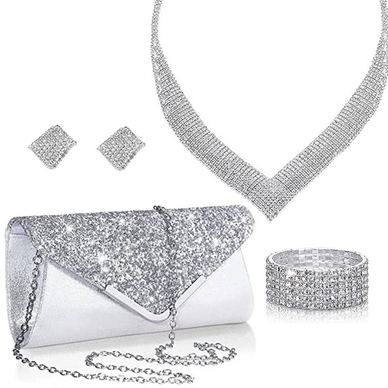 Luxuriöses Super-Flash Geometrisches V-Ausschnitt Kleid Accessoires, Quadratische Strass-Halskette, Ohrringe, Vielseitiges Dinner-Taschen-Set, Damen weiß von Joom DACH