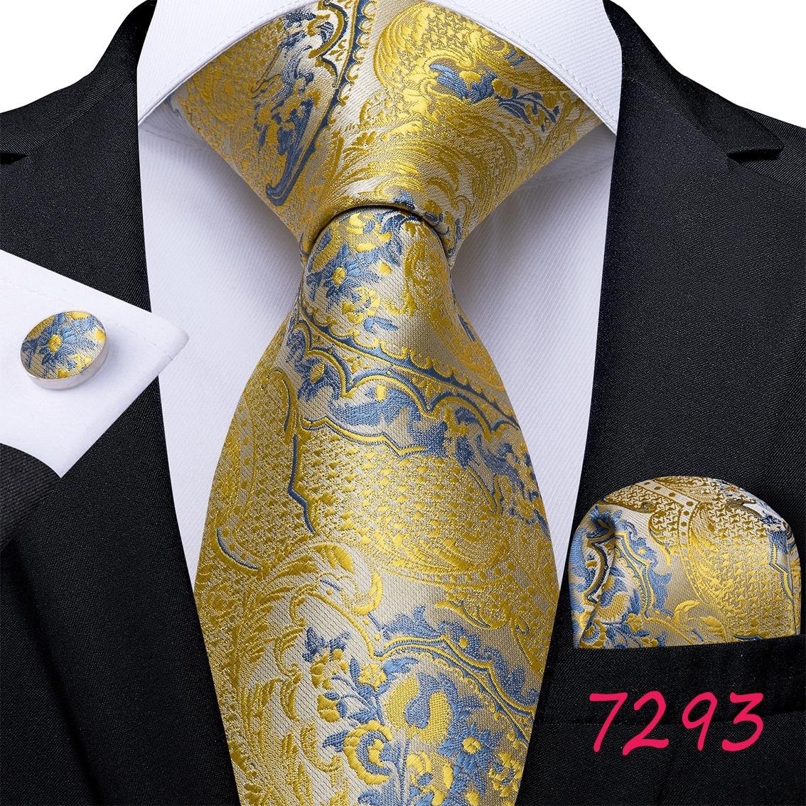Luxuriöses goldgelbes Herren-Krawatten-Set, gestreifte Paisley-Krawatten, Seiden-Taschentuch-Manschettenknöpfe für das Business-Set N-7293 von Joom DACH