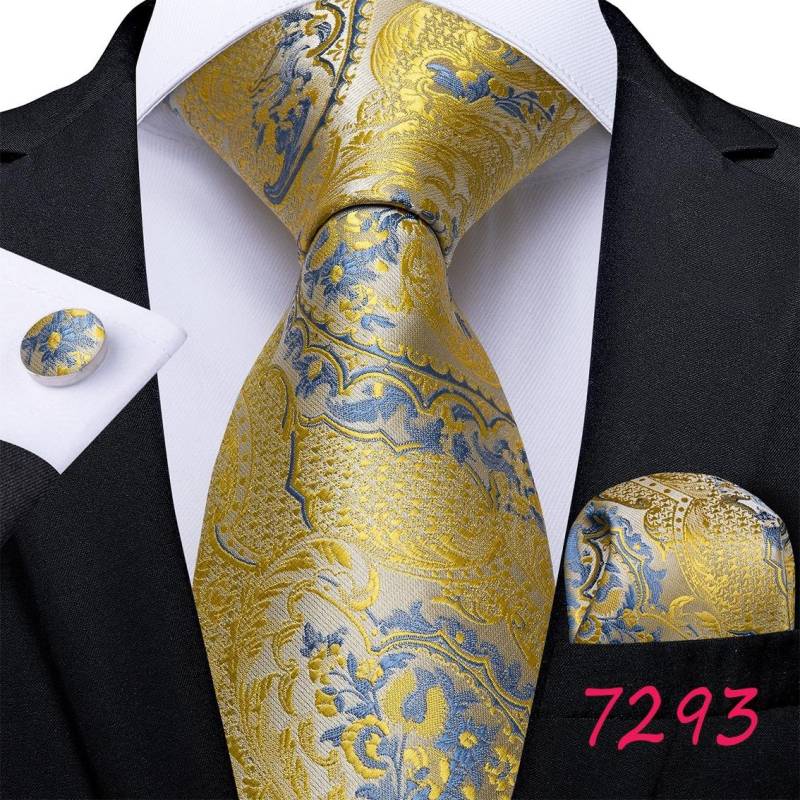 Luxuriöses goldgelbes Herren-Krawatten-Set, gestreifte Paisley-Krawatten, Seiden-Taschentuch-Manschettenknöpfe für das Business-Set N-7293 von Joom DACH