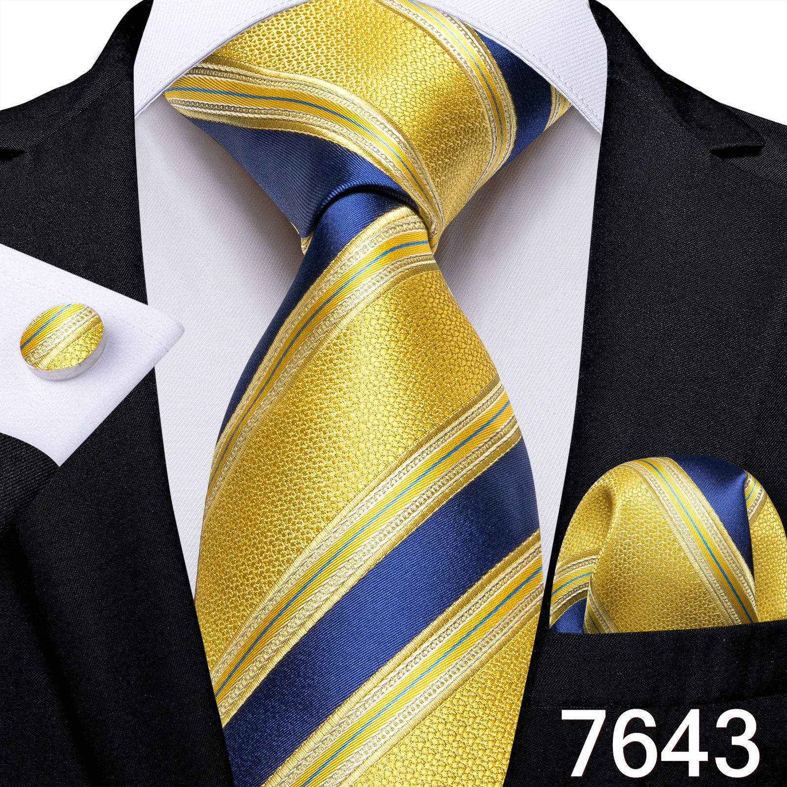 Luxuriöses goldgelbes Herren-Krawatten-Set, gestreifte Paisley-Krawatten, Seiden-Taschentuch-Manschettenknöpfe für das Business-Set N-7643 von Joom DACH