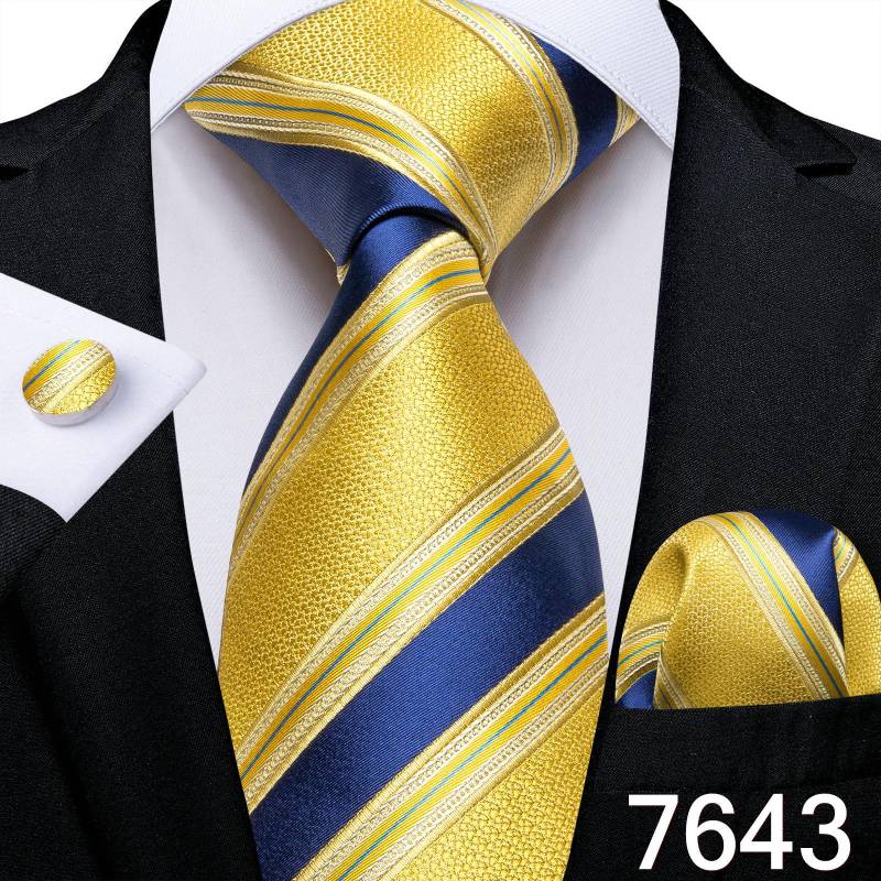 Luxuriöses goldgelbes Herren-Krawatten-Set, gestreifte Paisley-Krawatten, Seiden-Taschentuch-Manschettenknöpfe für das Business-Set N-7643 von Joom DACH