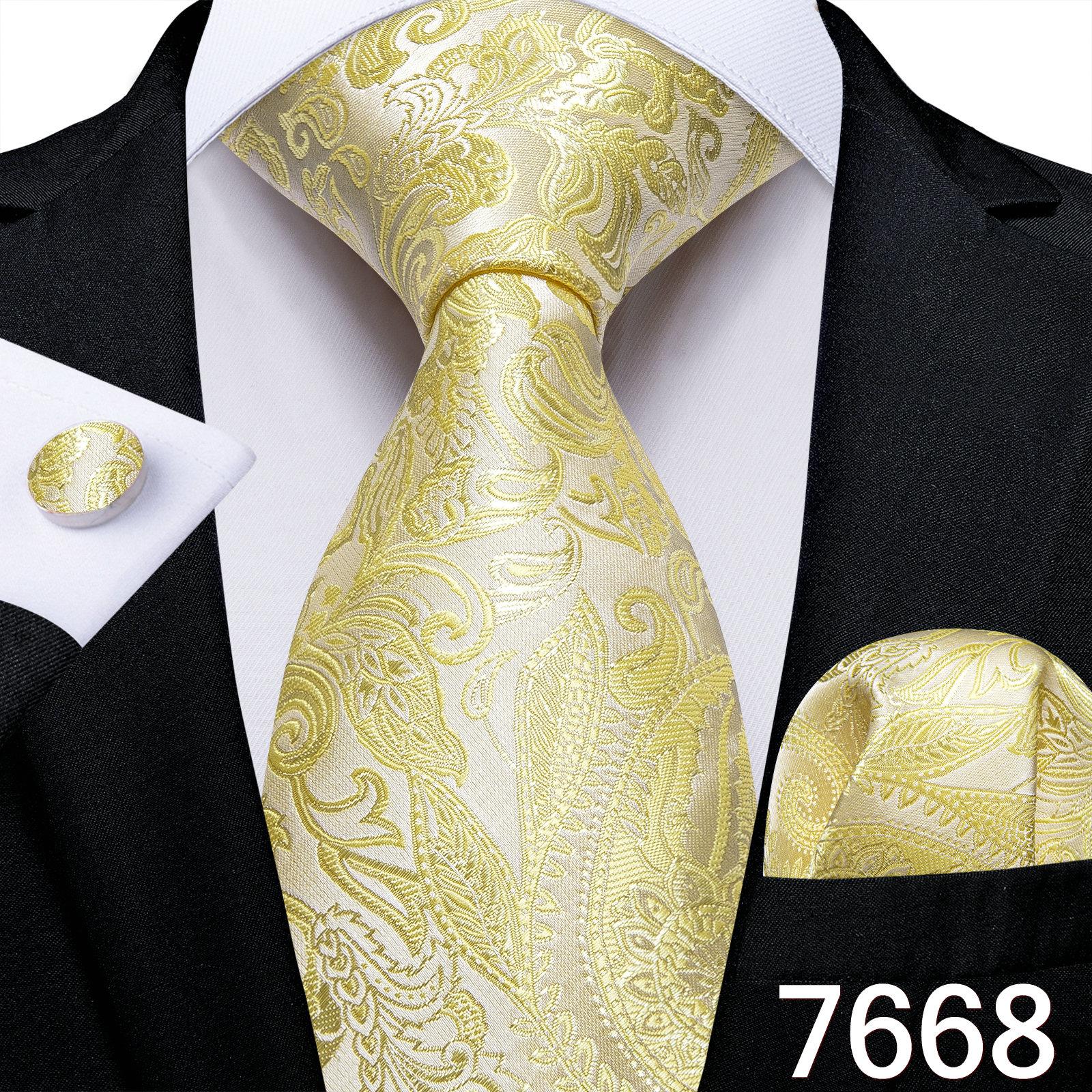 Luxuriöses goldgelbes Herren-Krawatten-Set, gestreifte Paisley-Krawatten, Seiden-Taschentuch-Manschettenknöpfe für das Business-Set N-7668 von Joom DACH