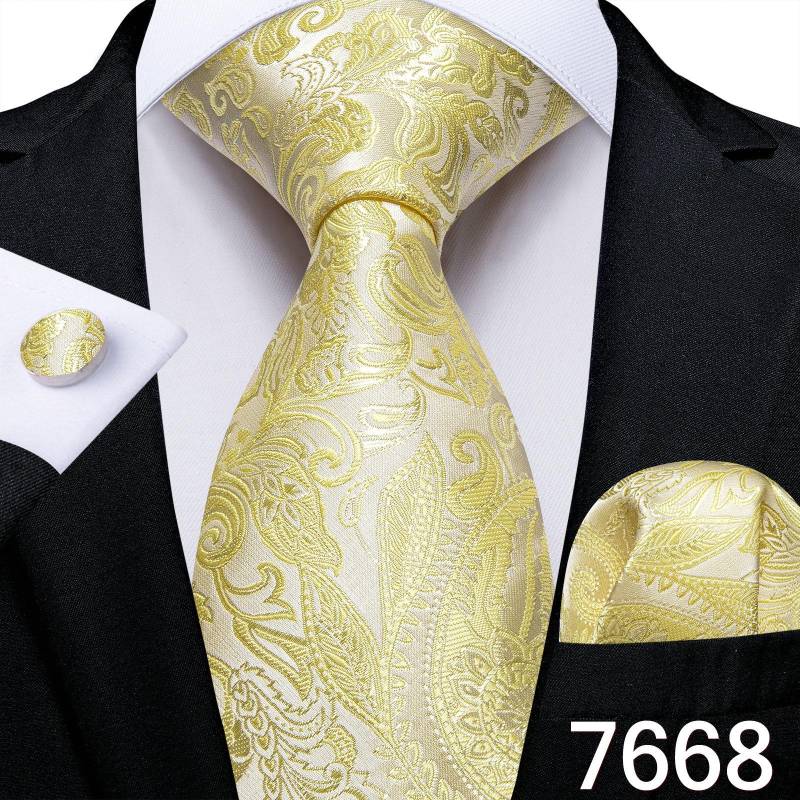 Luxuriöses goldgelbes Herren-Krawatten-Set, gestreifte Paisley-Krawatten, Seiden-Taschentuch-Manschettenknöpfe für das Business-Set N-7668 von Joom DACH