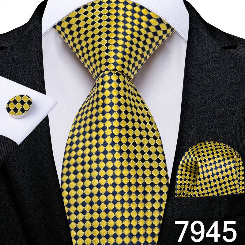 Luxuriöses goldgelbes Herren-Krawatten-Set, gestreifte Paisley-Krawatten, Seiden-Taschentuch-Manschettenknöpfe für das Business-Set N-7945 von Joom DACH