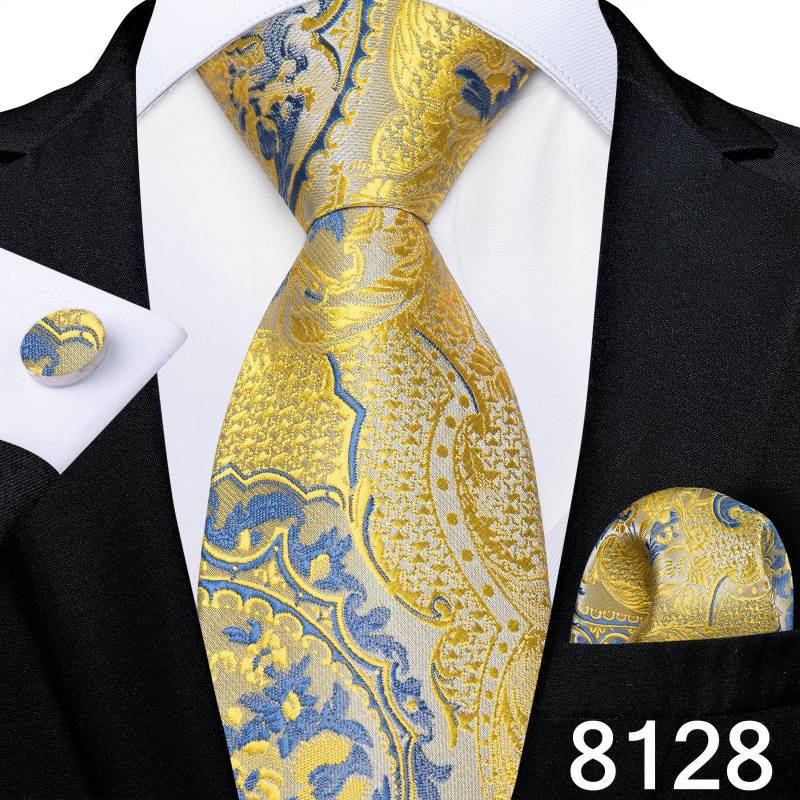 Luxuriöses goldgelbes Herren-Krawatten-Set, gestreifte Paisley-Krawatten, Seiden-Taschentuch-Manschettenknöpfe für das Business-Set N-8128 von Joom DACH