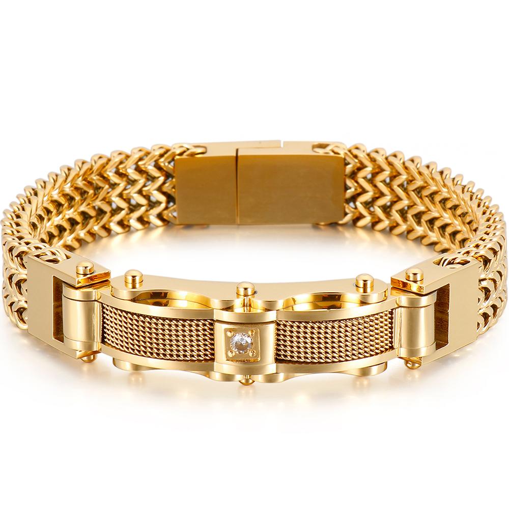 Luxus-Armband für Männer in Goldfarbe, 12 mm breit, Edelstahl, quadratische Franco-Gliederkette, Herren-Armbänder mit Magnetverschluss 23CM gold von Joom DACH