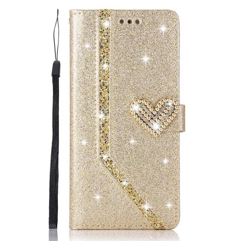 Luxus Bling Diamond PU Leder Flip Case Strass 3D Love Heart Glitzer Wallet Cover für iPhone Samsung Huawei Samsung A36 gold von Joom DACH