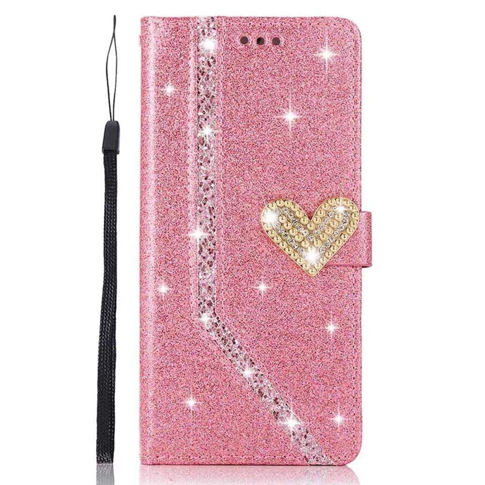 Luxus Bling Diamond PU Leder Flip Case Strass 3D Love Heart Glitzer Wallet Cover für iPhone Samsung Huawei Samsung Note 9 rosa von Joom DACH