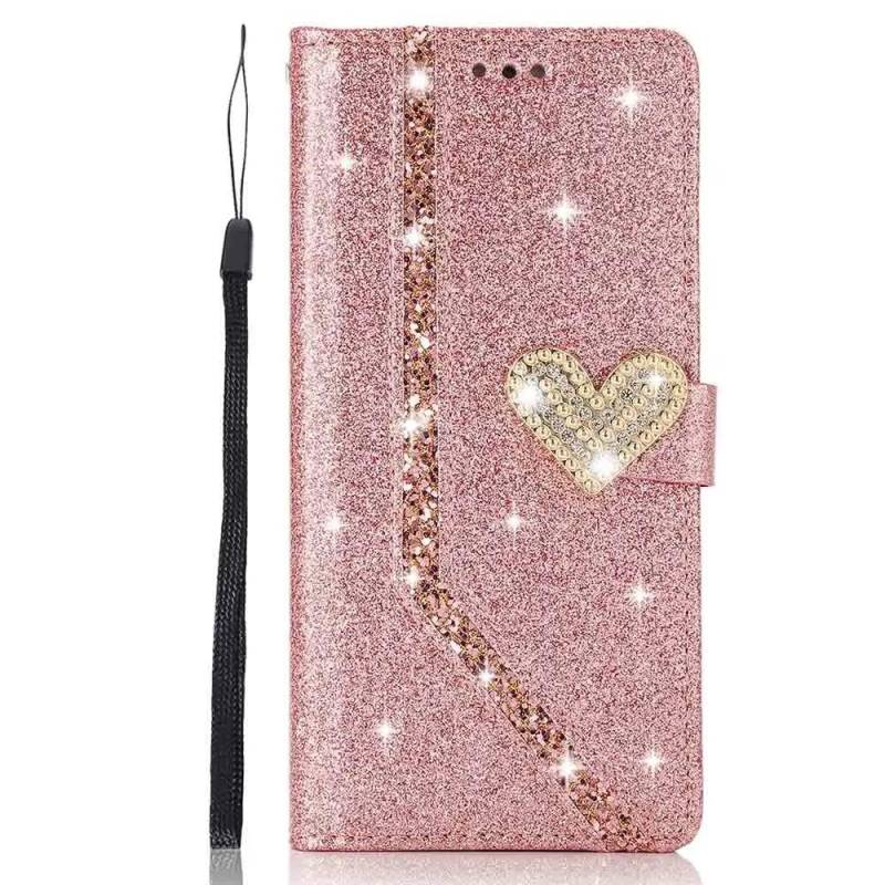 Luxus Bling Diamond PU Leder Flip Case Strass 3D Love Heart Glitzer Wallet Cover für iPhone Samsung Huawei iPhone 12 rose gold von Joom DACH
