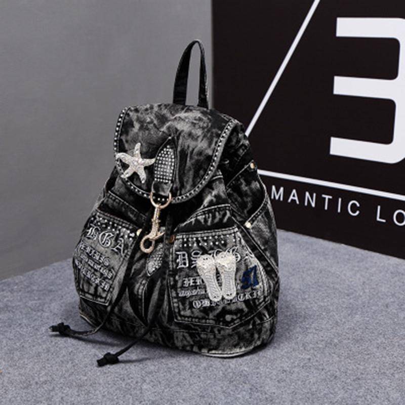 Luxus Denim Frauen Rucksack Hohe Qualität Anti Diebstahl Rucksäcke Weibliche Casual Rucksack Tasche Mädchen Designer Reise Rucksack schwarz von Joom DACH
