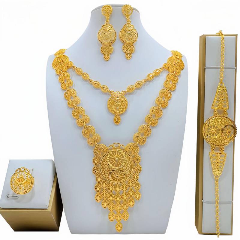 Luxus Dubai Gold Farbe Schmuck Sets African Indischen Braut Für Frauen Unregelmäßige Quaste Lange Halskette Armband Ohrringe Ring Set von Joom DACH