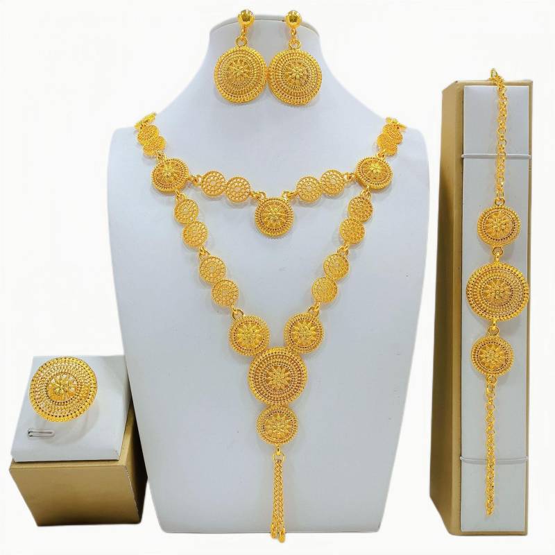 Luxus Dubai Gold Farbe Schmuck Sets African Indischen Braut Für Frauen Unregelmäßige Quaste Lange Halskette Armband Ohrringe Ring Set von Joom DACH