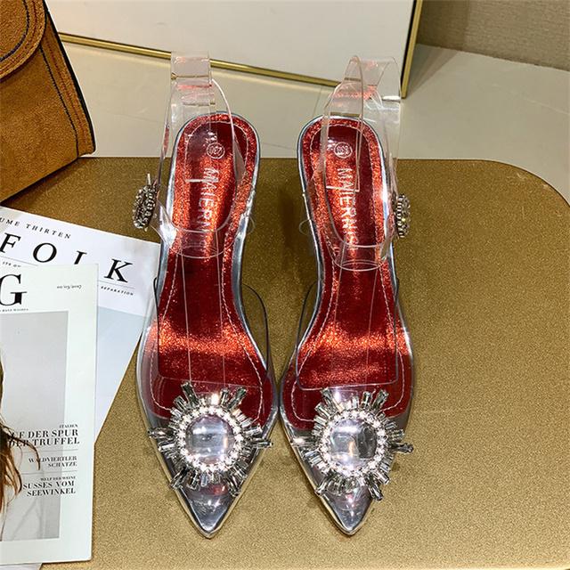 Luxus Frauen 7cm High Heels Transparent Sandalen Sonne Blume Kristall Klar Low Heels Sandalen Hochzeit Braut Plus Größe Schuhe 42 rot von Joom DACH