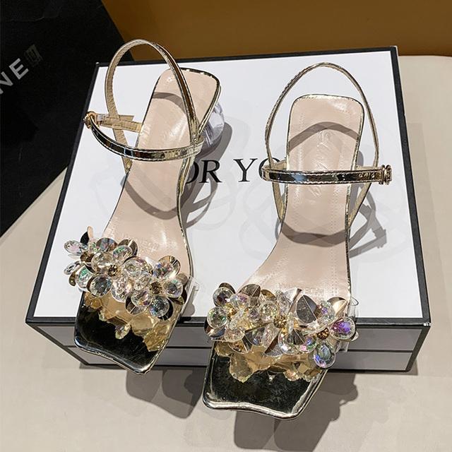 Luxus Frauen Chunky Marke Sandalen Mid Heels Schuhe Frühling Sommer Neue Mode Kristall Kleid Party Slingback Frauen Hausschuhe 34 gold von Joom DACH