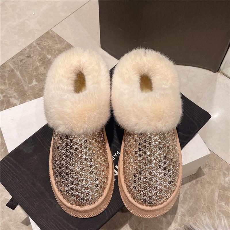 Luxus Glitzer Pailletten Plüsch Stiefeletten Damen 2024 Kunstfell Plateau Schneestiefel Frau Warme Plüsch Winter Kurze Stiefeletten Mujer 36 champagner von Joom DACH