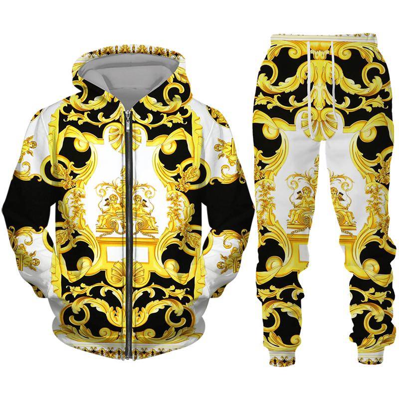 Luxus Goldene Muster 3D Druck männer Zipper Trainingsanzug Set Casual Hoodie + Hosen 2 stücke Sets Übergroßen Sweatshirt Mode männer Kleidung 5XL von Joom DACH