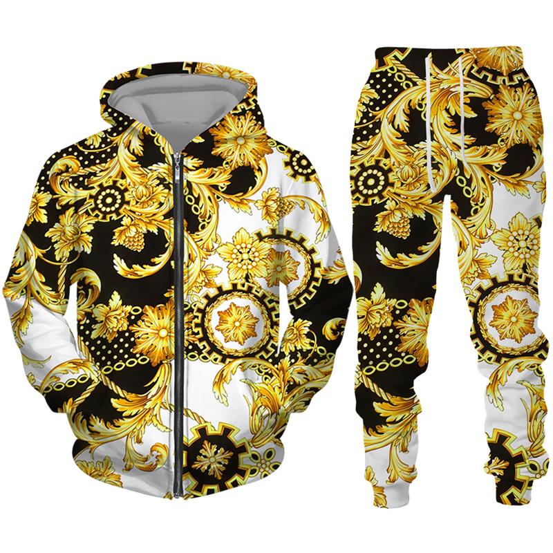 Luxus Goldene Muster 3D Druck männer Zipper Trainingsanzug Set Casual Hoodie + Hosen 2 stücke Sets Übergroßen Sweatshirt Mode männer Kleidung XL von Joom DACH