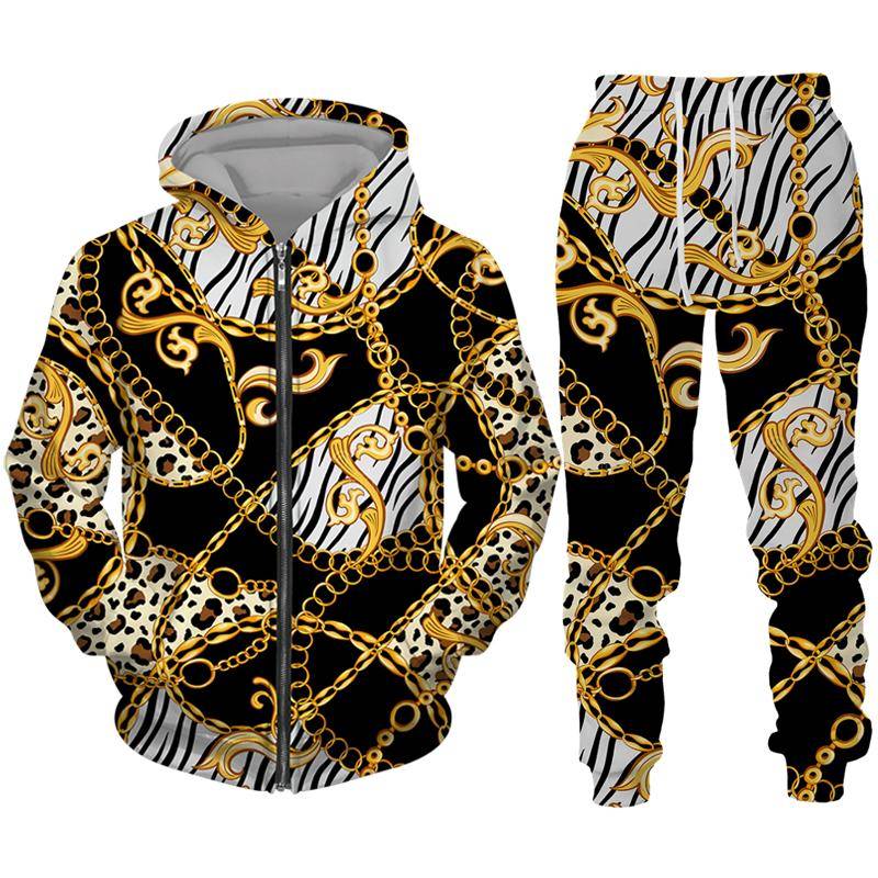 Luxus Goldene Muster 3D Druck männer Zipper Trainingsanzug Set Casual Hoodie + Hosen 2 stücke Sets Übergroßen Sweatshirt Mode männer Kleidung XL von Joom DACH