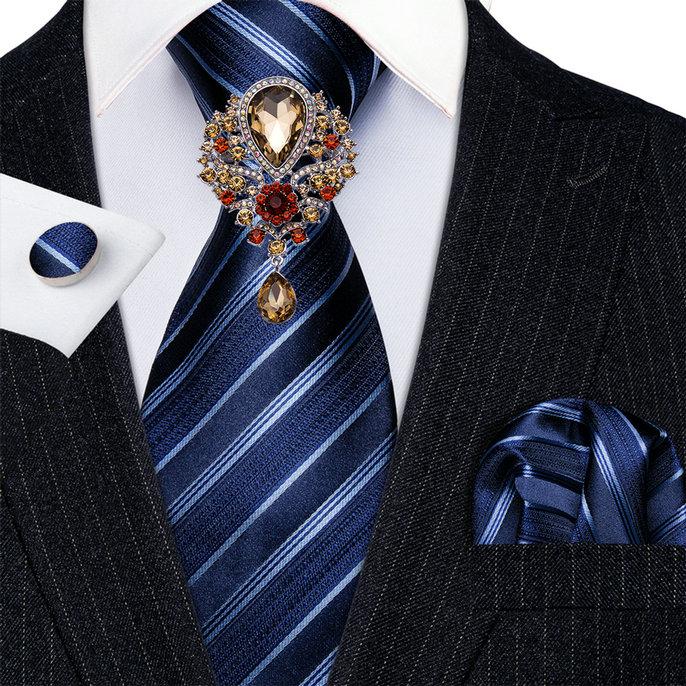 Luxus-Krawatte mit Brosche, Einstecktuch, Manschettenknopf für Herren, Blau, Marineblau, Jacquard-Krawatten-Set aus gewebter Seide für Hochzeit N-5304 von Joom DACH