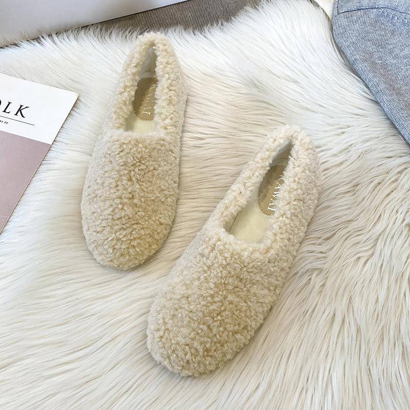 Luxus Lambwool Mokassins Femme Winter Baumwolle Schuhe Frauen Warme Plüsch Faulenzer Bequeme Lockige Schafe Pelz Wohnungen Frau Große Größe 41 apricot von Joom DACH