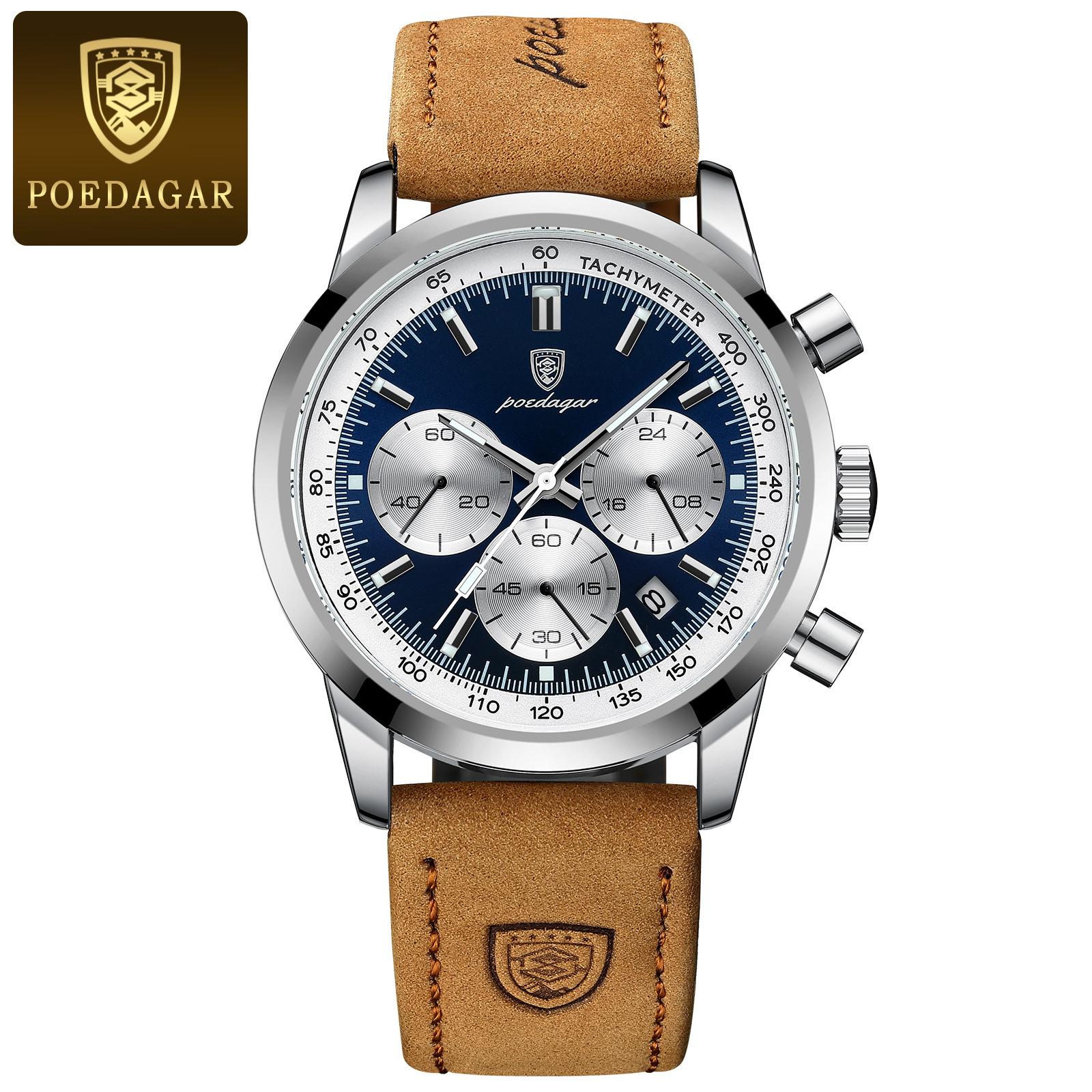Luxus Mann Uhr Hohe Qualität Wasserdicht Chronograph Leucht männer Armbanduhr Leder Männer Quarz Uhren Casual Uhr blau von Joom DACH