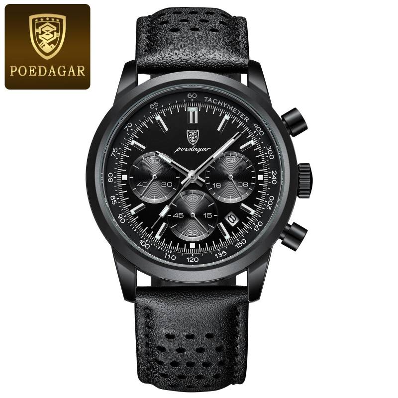 Luxus Mann Uhr Hohe Qualität Wasserdicht Chronograph Leucht männer Armbanduhr Leder Männer Quarz Uhren Casual Uhr esche schwarz von Joom DACH
