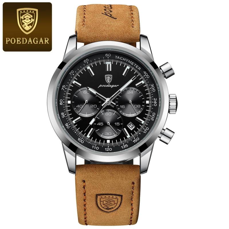 Luxus Mann Uhr Hohe Qualität Wasserdicht Chronograph Leucht männer Armbanduhr Leder Männer Quarz Uhren Casual Uhr schwarz von Joom DACH