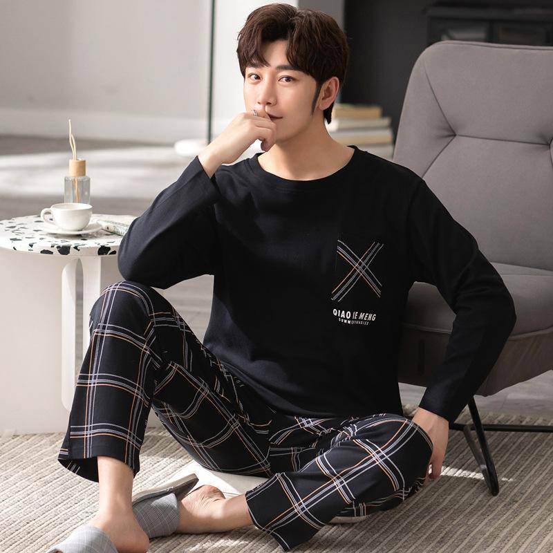 Luxus Navy Herren Nachtwäsche Herbst Winter Neue Baumwolle Mann Pyjama Lange Ärmeln Homewear Gentleman L-4XL Big Minimalist Pijama 3XL weiß/schwarz von Joom DACH