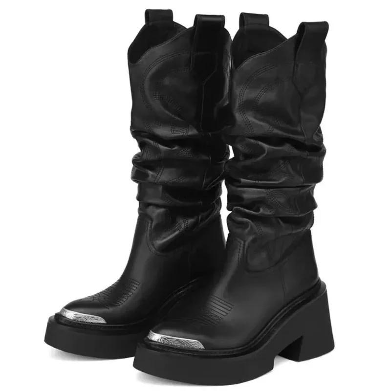 Luxusmarke Motorrad Damen Wadenstiefel Plateau Chunky High Heels Goth Metal Punk Schuhe für Damen Winter Bequeme Designstiefel 39 schwarz von Joom DACH