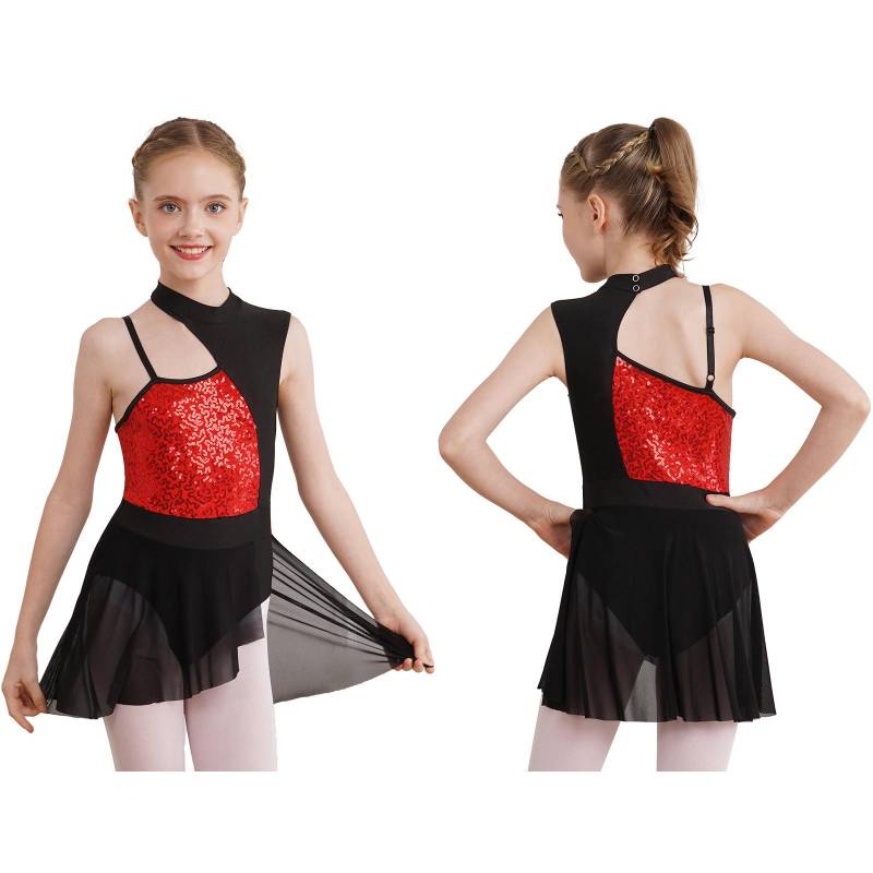 Lyrische Tanzkleid-Kostüme für Mädchen mit Stehkragen und Ausschnitt hinten für zeitgenössischen Balletttanz, Trikot-Wickelrock 13-14 Years rot von Joom DACH