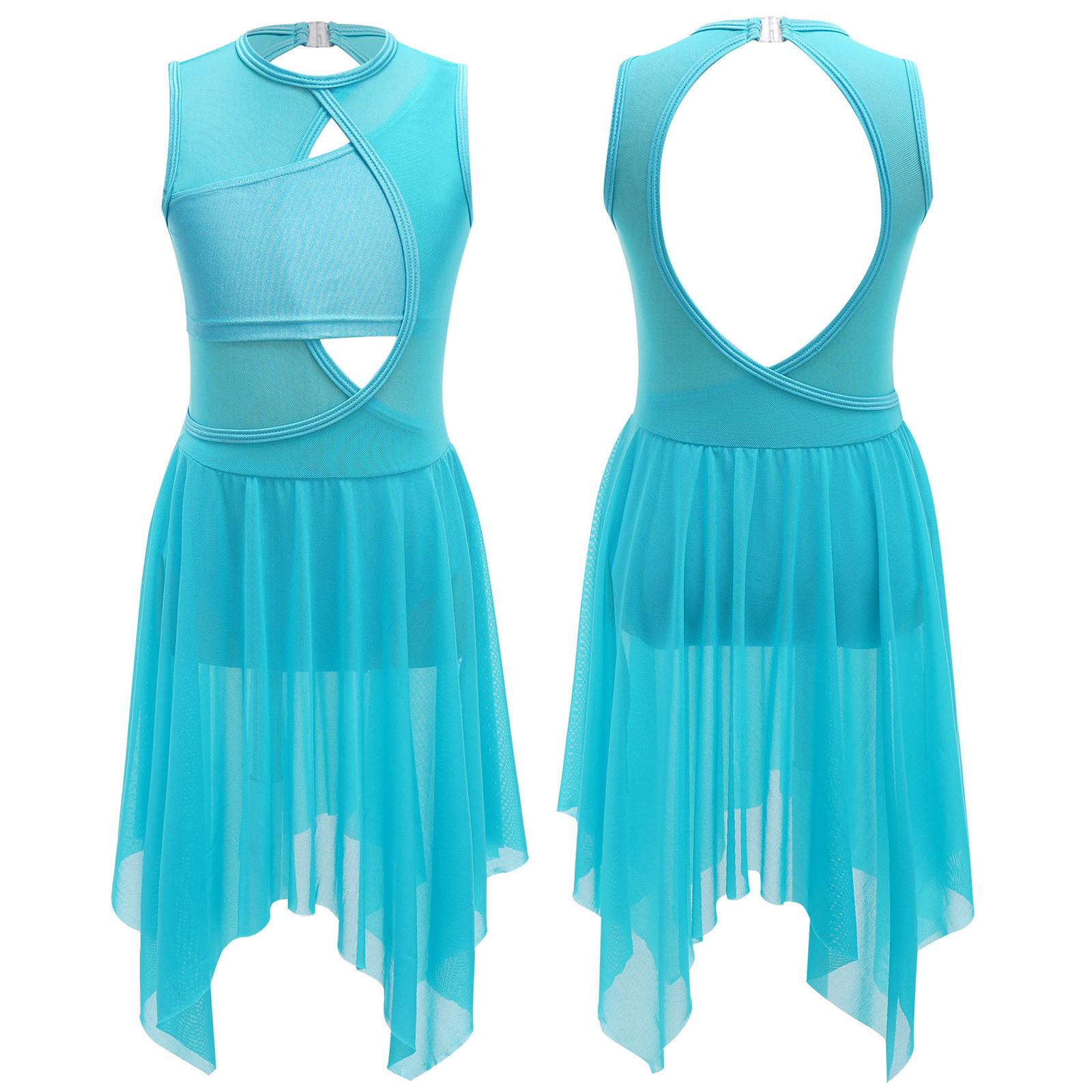 Lyrische Tanzkostüme für Mädchen, zeitgenössische Tanzbekleidung, ärmelloses, ausgeschnittenes Maxikleid aus Mesh-Tüll 7-8 Years blau von Joom DACH
