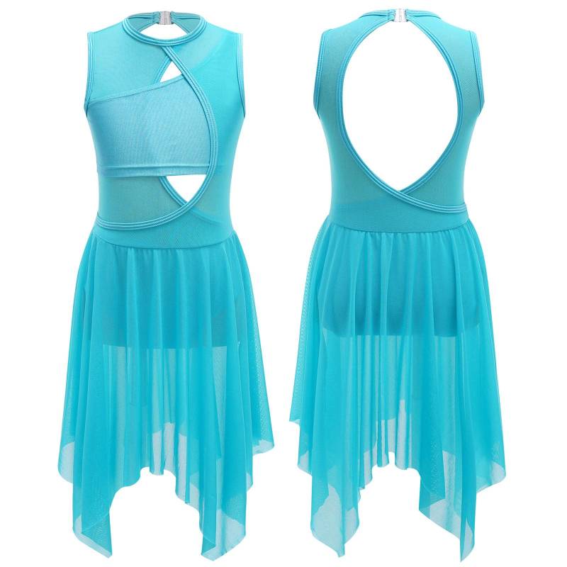 Lyrische Tanzkostüme für Mädchen, zeitgenössische Tanzbekleidung, ärmelloses, ausgeschnittenes Maxikleid aus Mesh-Tüll 7-8 Years blau von Joom DACH