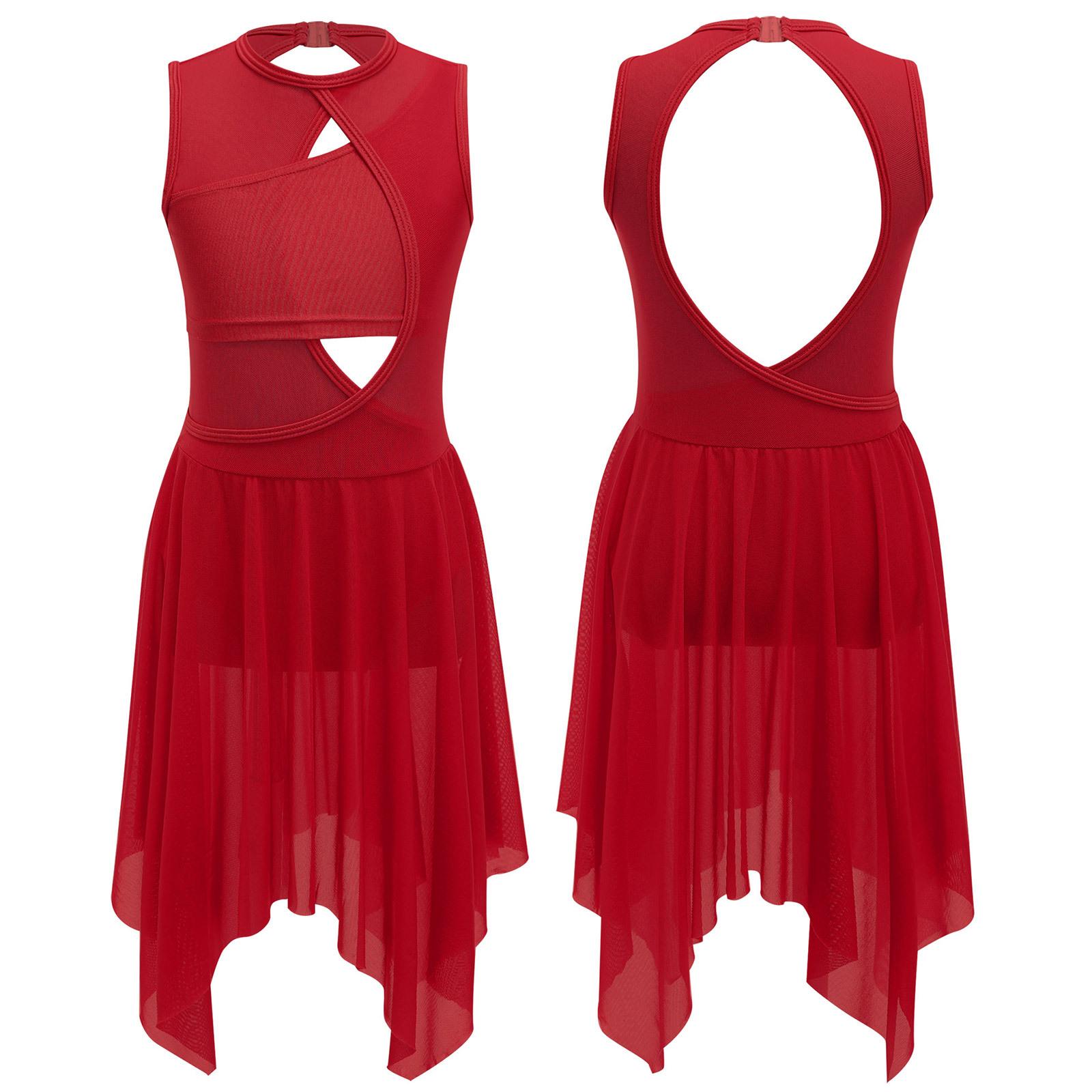 Lyrische Tanzkostüme für Mädchen, zeitgenössische Tanzbekleidung, ärmelloses, ausgeschnittenes Maxikleid aus Mesh-Tüll 7-8 Years rot von Joom DACH