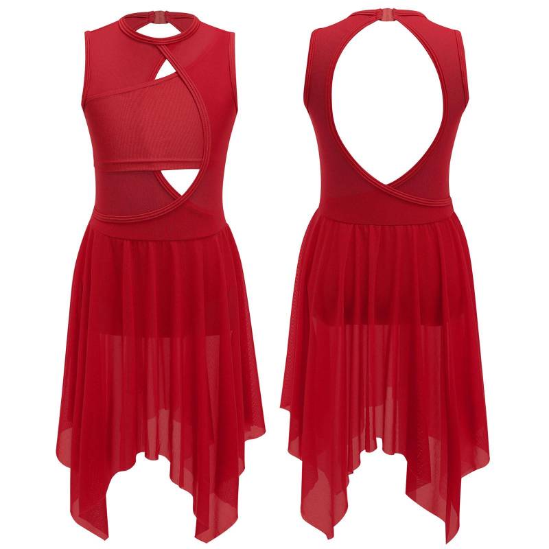 Lyrische Tanzkostüme für Mädchen, zeitgenössische Tanzbekleidung, ärmelloses, ausgeschnittenes Maxikleid aus Mesh-Tüll 7-8 Years rot von Joom DACH